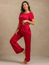 [Rotwein] SilkSilky-DE 19Momme Kurzärmelig Damen Pyjamas 003