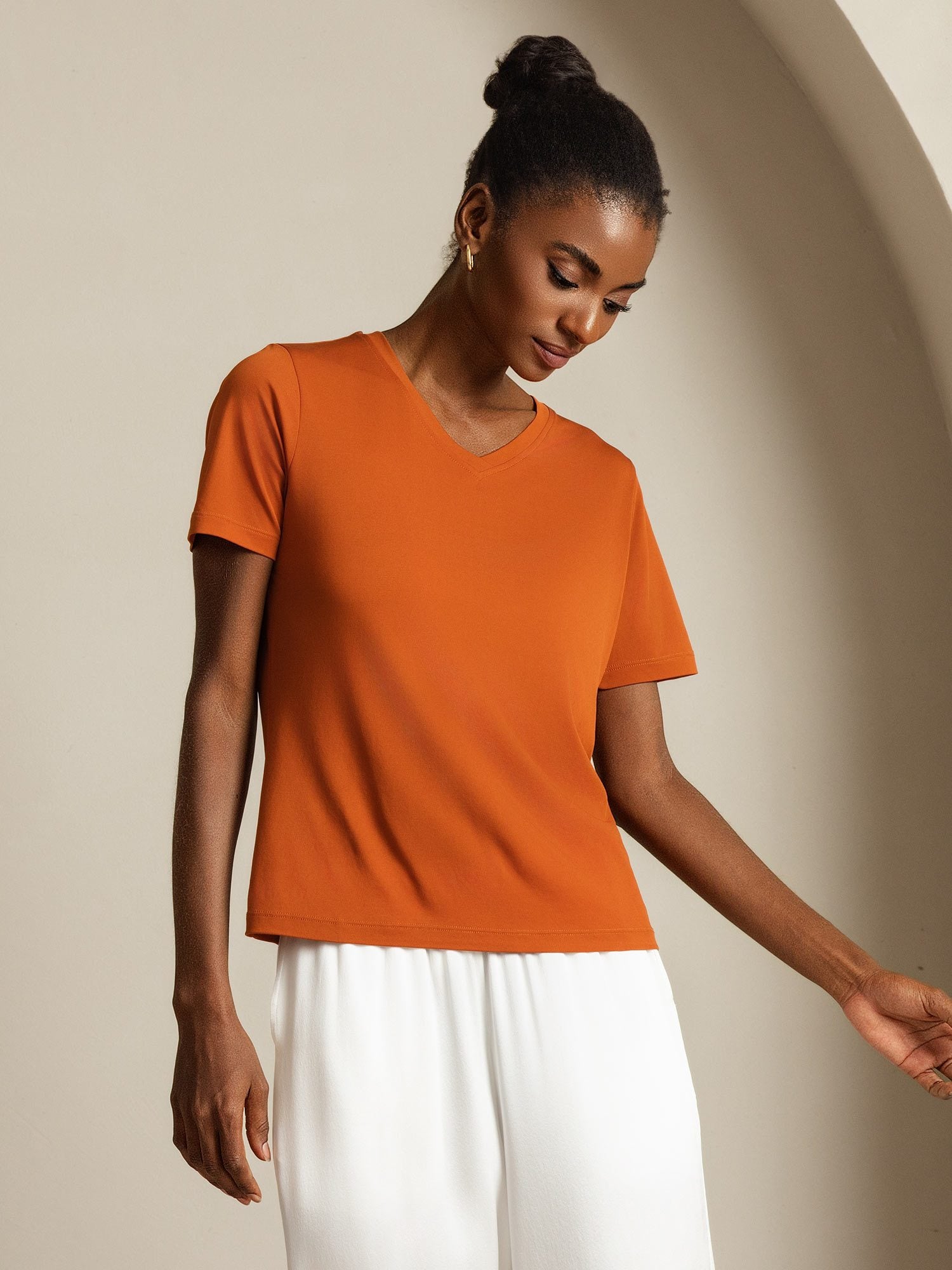 [Orange] SilkSilky-DE Reine Seide V Ausschnitt T-Shirt 003