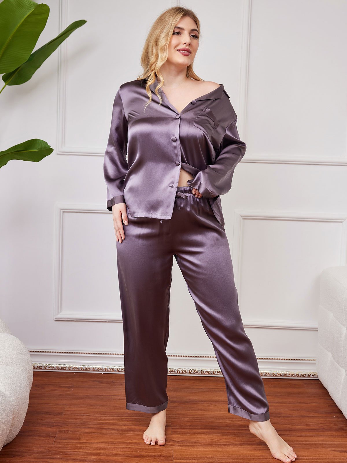 [Lila Grau] SilkSilky-DE Reine Seide Langärmelig Revers Damen Pyjamas Große Größen 001