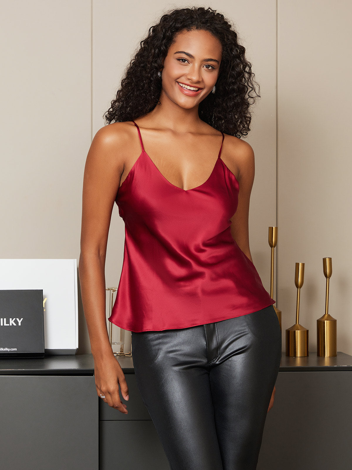 [Dunkelrot] SilkSilky-DE Reine Seide V Ausschnitt Cami Top 005