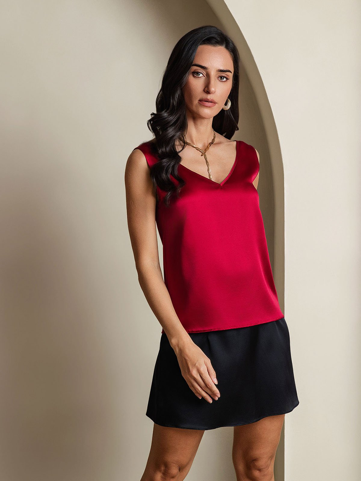 [Rotwein] SilkSilky-DE 19Momme Seide V Ausschnitt Cami Top 005