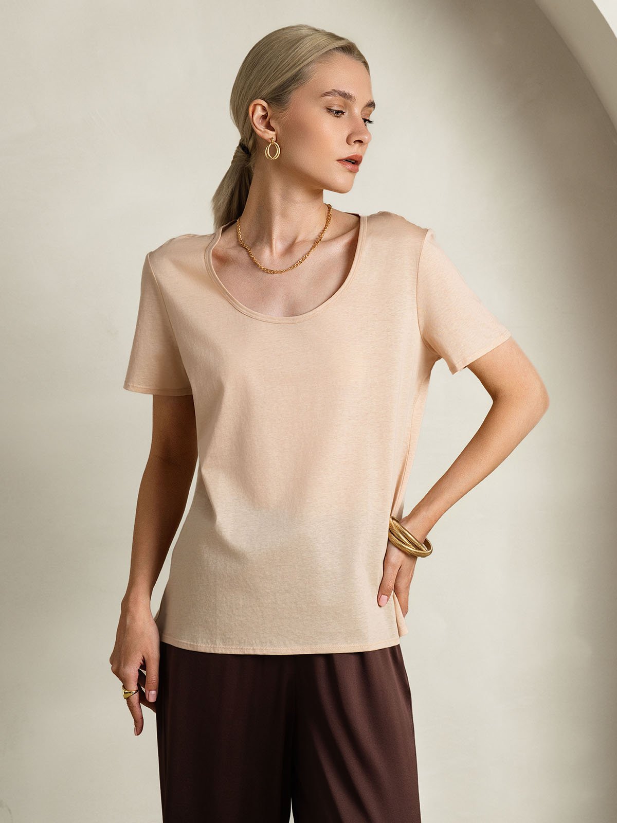 SilkSilky-DE Seide Kurzärmelig U Ausschnitt T-Shirt Beige 006