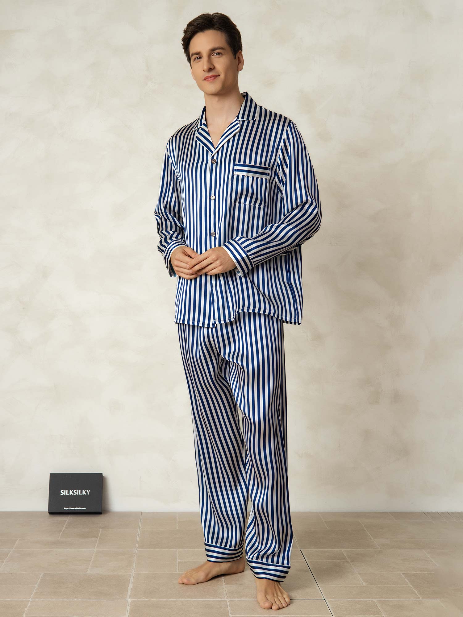 [Marine Streifen] SilkSilky-DE 19Momme Reine Seide Mens Pajamas 003