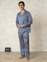 [Marine Streifen] SilkSilky-DE 19Momme Reine Seide Mens Pajamas 003,