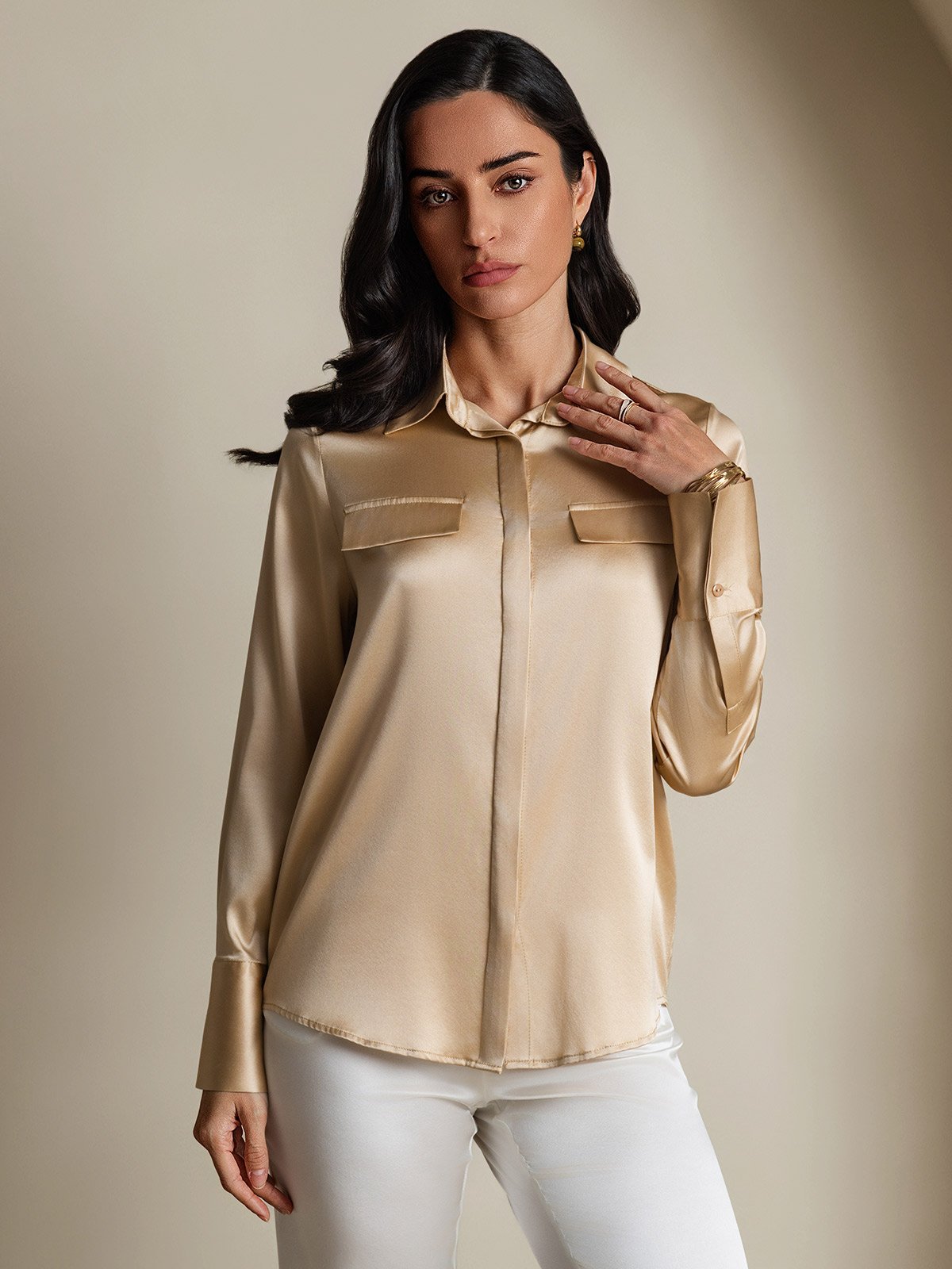 SilkSilky-DE 19Momme Seide Langärmelig Umlegekragen Damenhemd Champagner 004