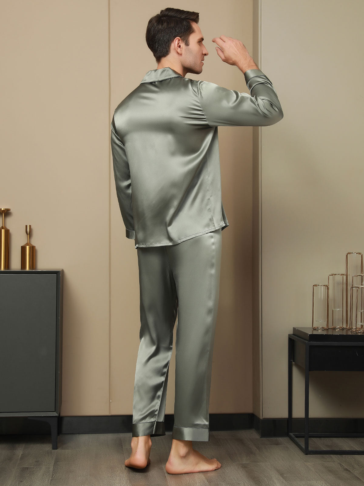 [Graugrün] SilkSilky-DE Reine Seide Mens Pajamas 002