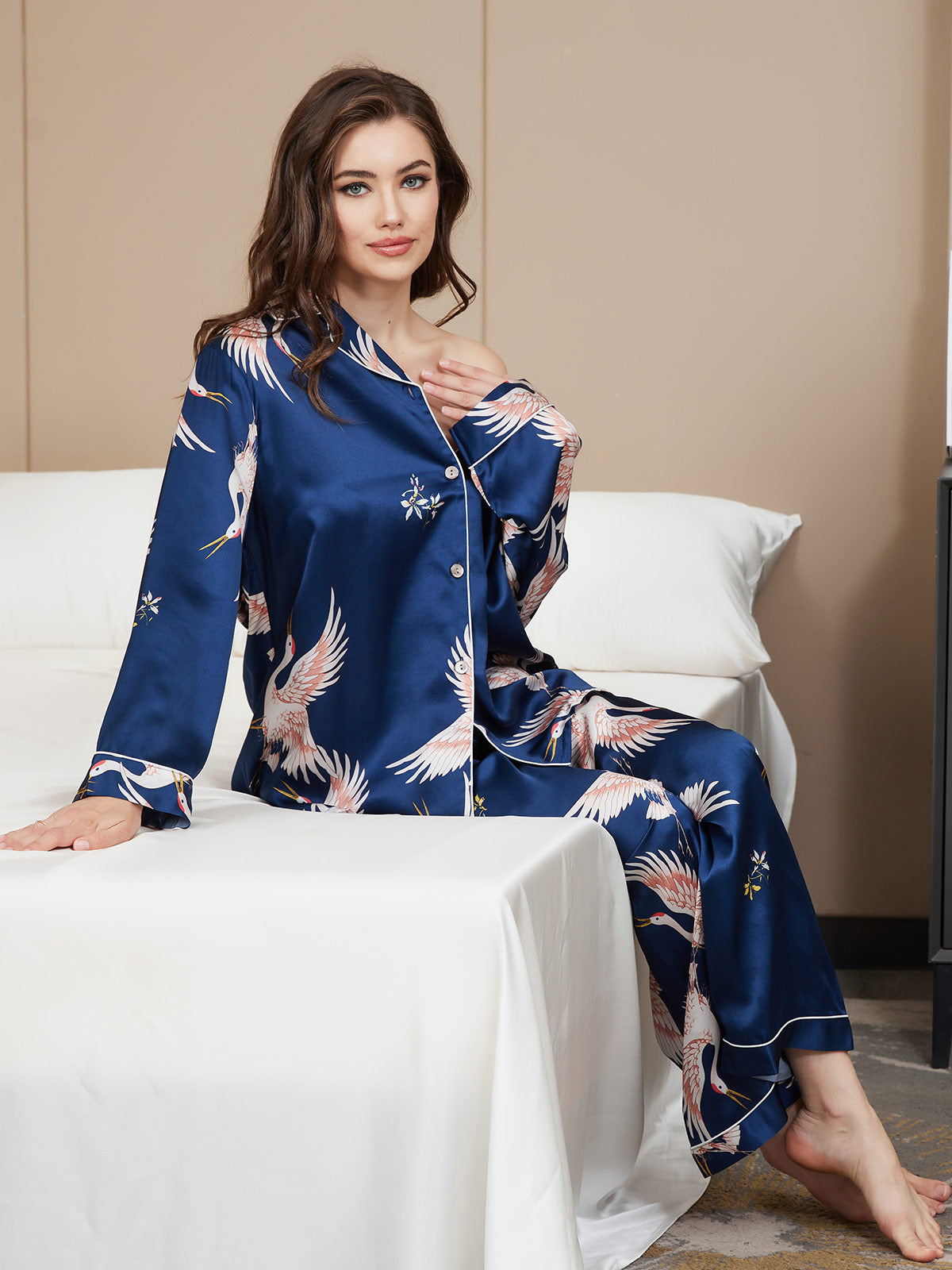[Dunkelblau] SilkSilky-DE 19Momme Reine Seide Womens Pajamas 006,