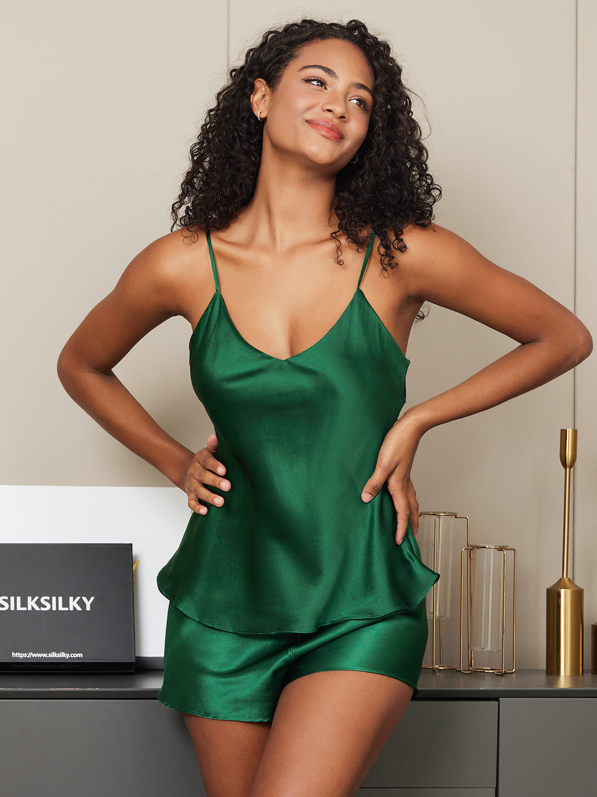 [Grün] SilkSilky-DE Reine Seide V Ausschnitt Camisole-Set 002,