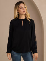 [Schwarz] SilkSilky-DE Long Sleeve Keyhole Neck Damenblusen 003