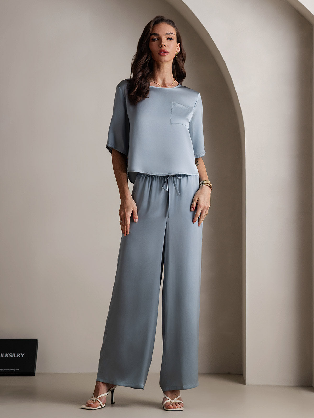 [Graublau] SilkSilky-DE Reine Seide Rundkragen Damen Pyjamas 003