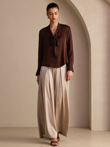 [Dunkle Schokolade] SilkSilky-DE Long Sleeve Tie Neck Damenblusen 005