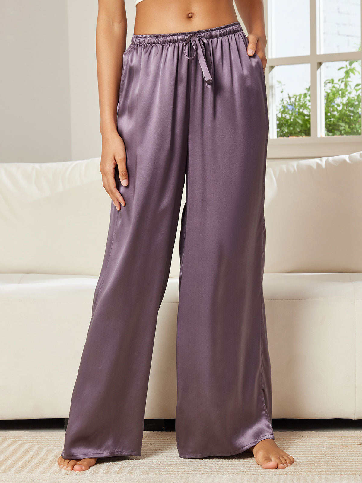 [Lila Grau] SilkSilky-DE Reine Seide Womens Pants 001