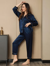 [Dunkelblau] SilkSilky-DE Long Sleeve Notch-Kragen Damen Pyjamas 006