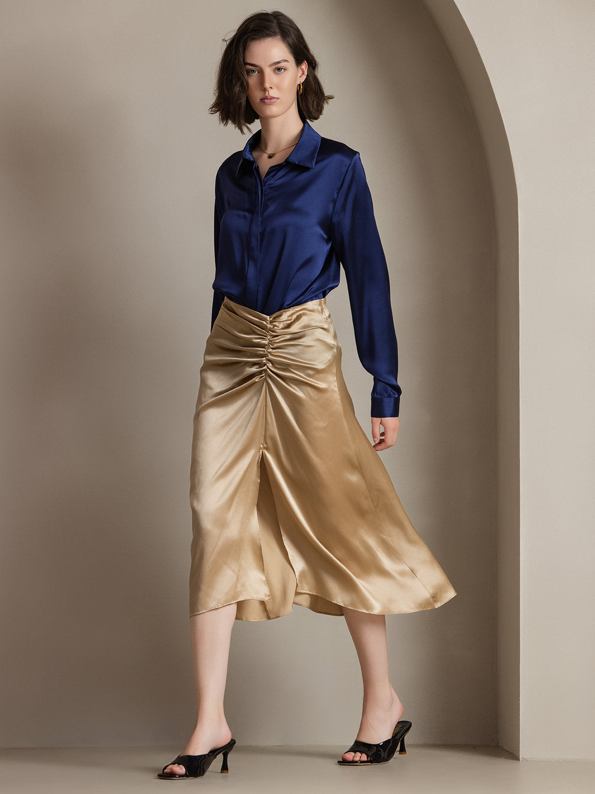 [Dunkelblau] SilkSilky-DE 19Momme Seide Lapel Collar Damenhemd 006