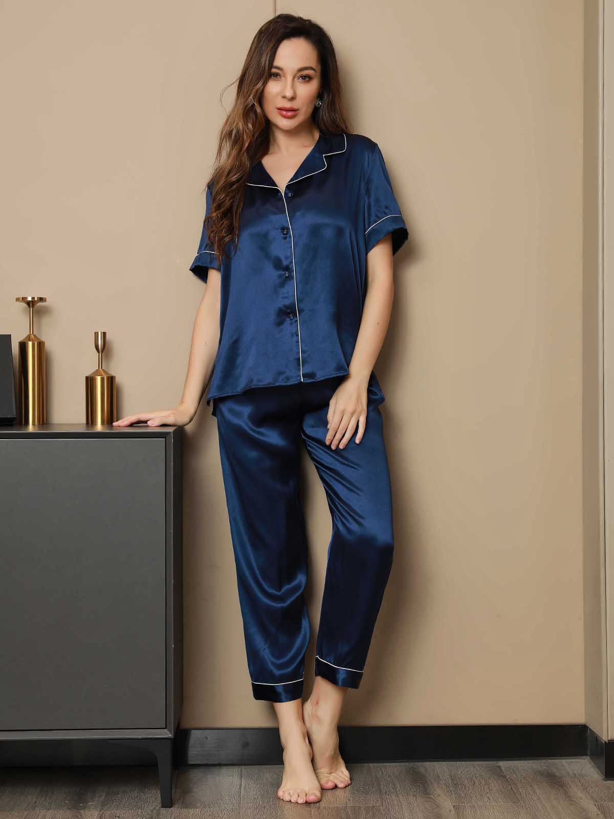[Dunkelblau] SilkSilky-DE Reine Seide Kurzärmelig Revers Damen Pyjamas 003