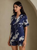 [Marineblauer Gepard] SilkSilky-DE Short Sleeve Notch Collar Damen Pyjamas 003