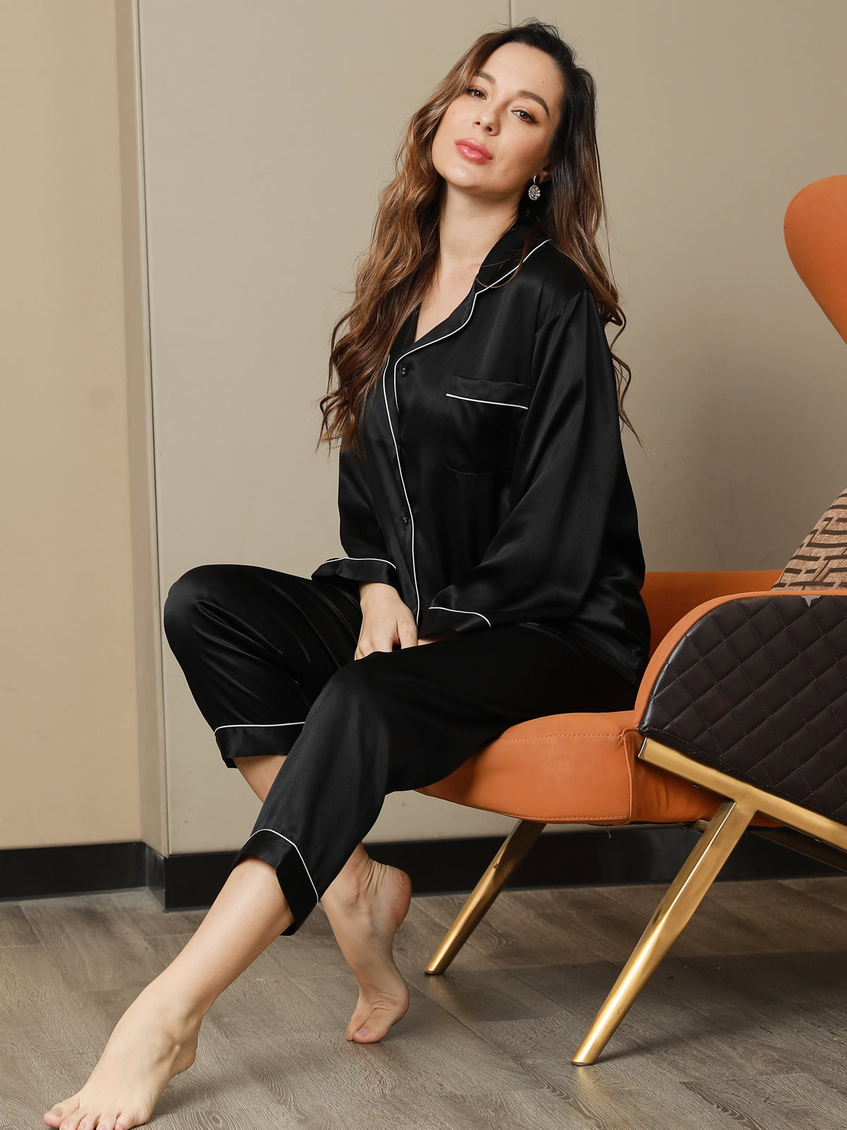 [Schwarz] SilkSilky-DE Reine Seide Womens Pajamas 001