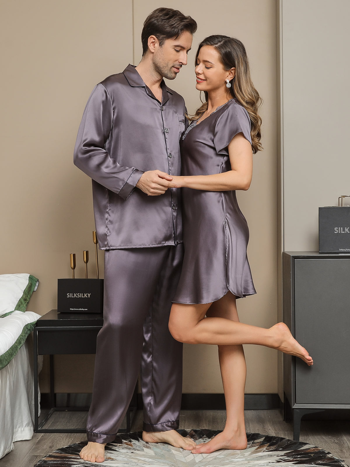[Lila Grau] SilkSilky-DE Reine Seide Langärmelig Couple 003