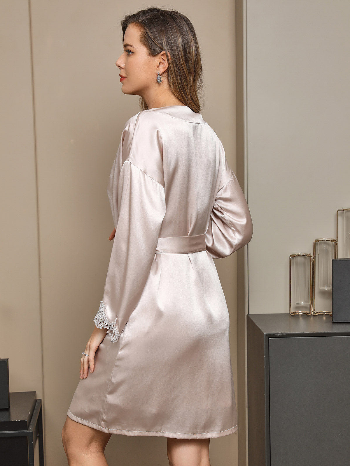 [Beige] SilkSilky-DE Reine Seide Langärmelig Nightgown&Robe Set 003