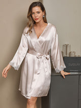 [Beige] SilkSilky-DE Reine Seide Langärmelig Nightgown&Robe Set 004