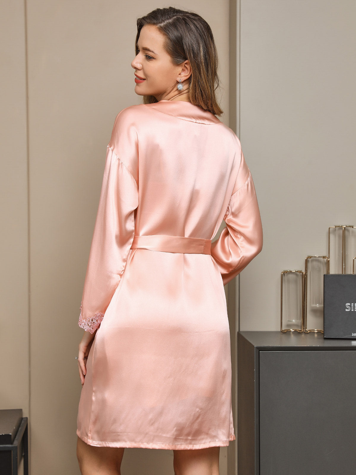 [Rosa] SilkSilky-DE Reine Seide Langärmelig Nightgown&Robe Set 002